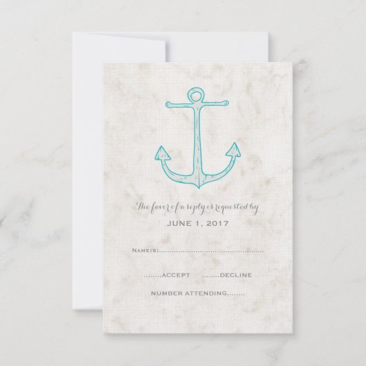 Trouw RSVP kaart met Teal Rustieke Anker (Voorkant)