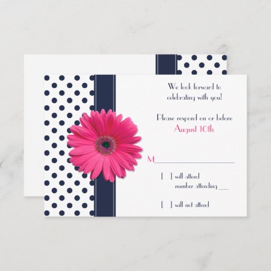 Trouw RSVP kaart Navy wit gestippeld roze madelief (Voorkant / Achterkant)