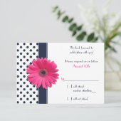 Trouw RSVP kaart Navy Wit Stippen Roze Daisy (Staand voorkant)