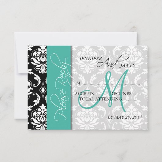 Trouw RSVP Kaarten Damask Turquoise Monogram (Voorkant)