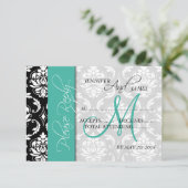Trouw RSVP Kaarten Damask Turquoise Monogram (Staand voorkant)