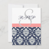 Trouw-RSVP-kaarten van Navy Blue Damask met Koraal RSVP Kaartje (Voorkant)