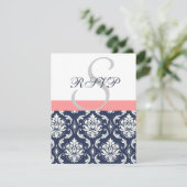 Trouw-RSVP-kaarten van Navy Blue Damask met Koraal RSVP Kaartje (Staand voorkant)