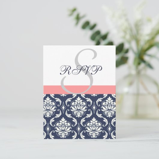 Trouw-RSVP-kaarten van Navy Blue Damask met Koraal RSVP Kaartje (Staand voorkant)