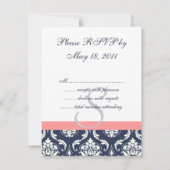 Trouw-RSVP-kaarten van Navy Blue Damask met Koraal RSVP Kaartje (Achterkant)