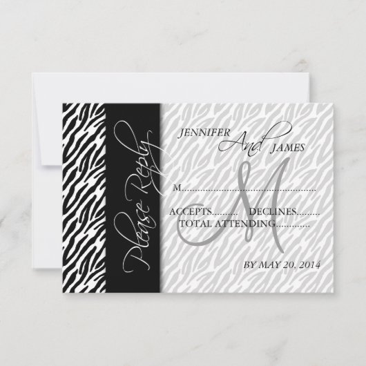 Trouw RSVP Kaarten Zwart Zebra Patroon Monogram (Voorkant)