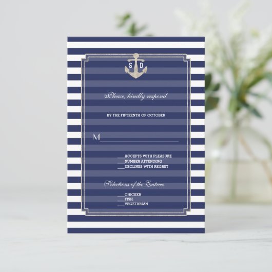 Trouw-RSVP met marineblauwe strepen en zilver anke RSVP Kaartje (Staand voorkant)