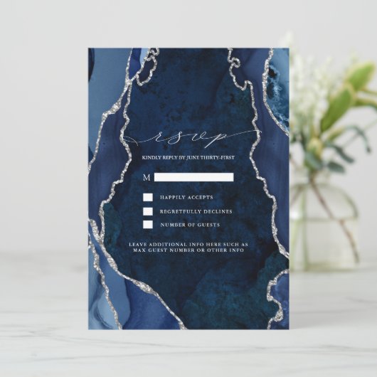Trouw-RSVP met Navy Marble & Zilveren Agaat Kaart (Staand voorkant)