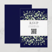 Trouw RSVP met QR-code en Navy Blue Eucalyptus Informatiekaartje (Voorkant / Achterkant)