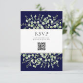 Trouw RSVP met QR-code en Navy Blue Eucalyptus Informatiekaartje (Staand voorkant)