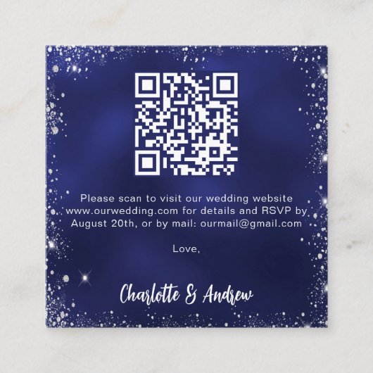 Trouw-RSVP met QR-code in navyblauw zilver glitter Informatiekaartje (Voorkant)