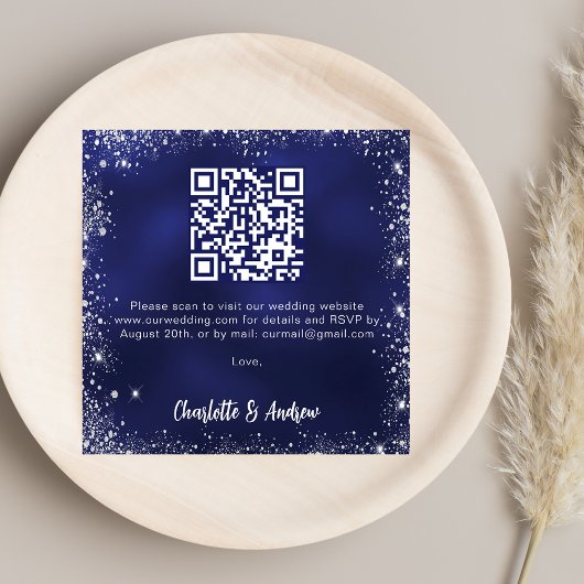 Trouw-RSVP met QR-code in navyblauw zilver glitter Informatiekaartje