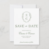Trouw-RSVP Sage met Heritage Monogram Crest Save The Date (Voorkant)