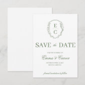 Trouw-RSVP Sage met Heritage Monogram Crest Save The Date (Voorkant / Achterkant)