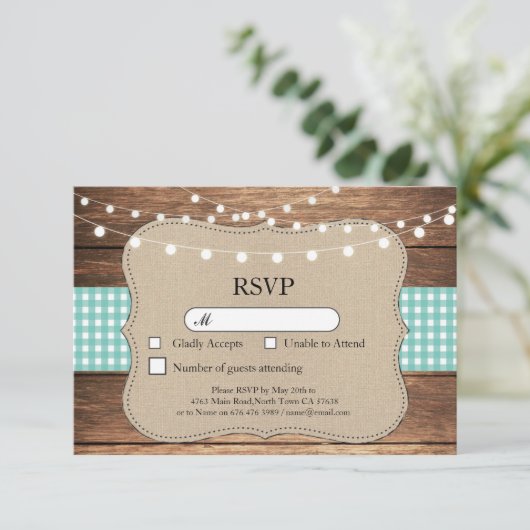 Trouw RSVP Turquoise Geruite Houten Lichten Kaarte (Staand voorkant)