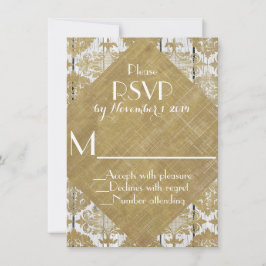 Trouw RSVP van goud damast en wit hout
