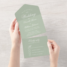 Trouw Sage Groen Elegante Script Calligrafie RSVP All In One Uitnodiging