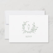Trouw Sage Groene Script Crest Monogram RSVP Kaart (Achterkant)