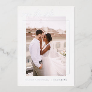 Trouw Save the Date Foto Minimalistische Zilver Folie Uitnodiging