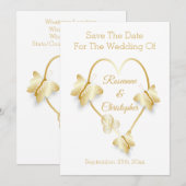 Trouw Save The Date Goud Kleur Hart Vlinder (Voorkant / Achterkant)