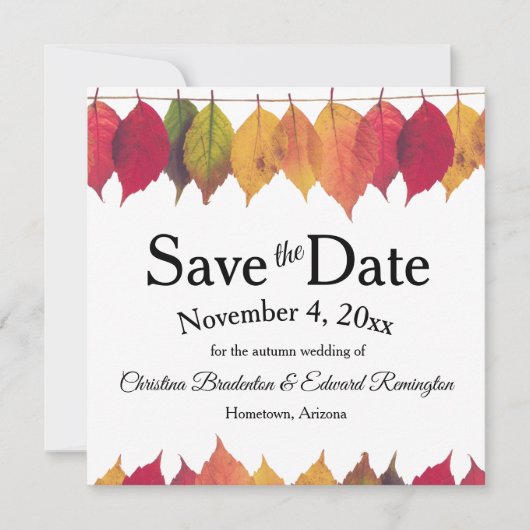 Trouw Save The Date Herfstbladeren Op Touwtje Aankondiging (Voorkant)