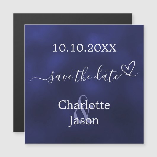 Trouw Save the Date-magneet met hart in marineblau (Voorkant / Achterkant)