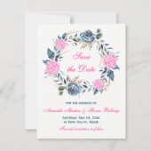 Trouw Save the Date - Roze, Blauwe Rozen Kaart (Voorkant)