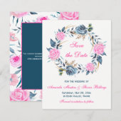 Trouw Save the Date - Roze, Blauwe Rozen Kaart (Voorkant / Achterkant)