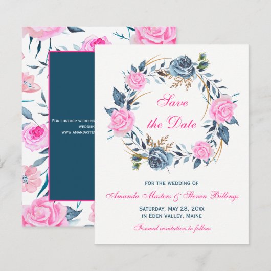 Trouw Save the Date - Roze, Blauwe Rozen Kaart (Voorkant / Achterkant)