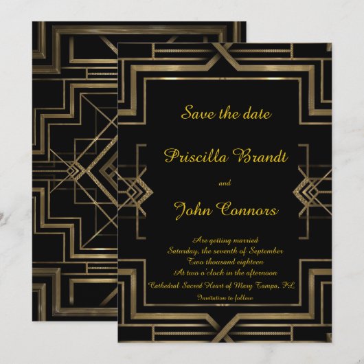 Trouw Save the Date, zwart, great-Gatsby, script Date (Voorkant / Achterkant)