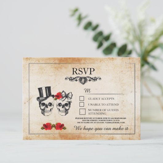 Trouw Schedels RSVP Schedel Rozen Rustieke Kaarten Kaartje (Staand voorkant)