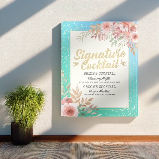 Trouw Signature Cocktail Drankkaart Roze Bloemen Poster