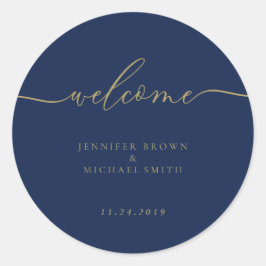 Trouw Simple Navy Goud Script Welkom Ronde Sticker