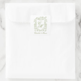 Trouw sticker in salie groen met monogram en famil