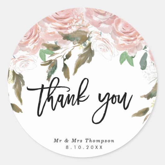 trouw sticker met rustieke roze rozen bedankt (Voorkant)