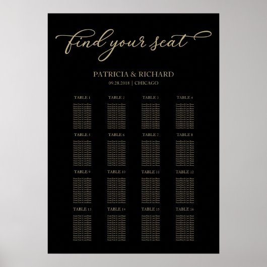 Trouw Stoelenindeling Bord Chic Goud Zwart Poster (Voorkant)
