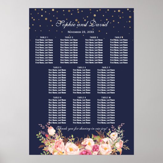 Trouw Stoelenkaart Gouden Confetti Roze Bloemen Poster (Voorkant)