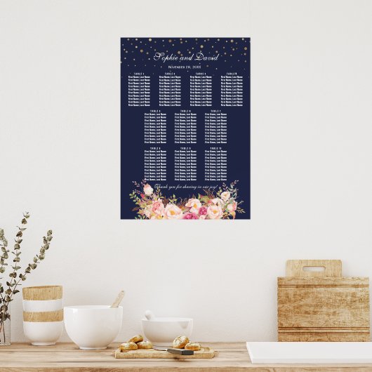 Trouw Stoelenkaart Gouden Confetti Roze Bloemen Poster (Keuken)