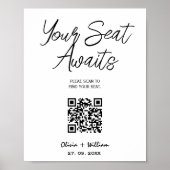 Trouw Stoelenkaart QR Code Elegante Script Poster (Voorkant)