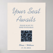 Trouw Stoelenkaart QR Code Stof Blauw Bord Poster (Voorkant)