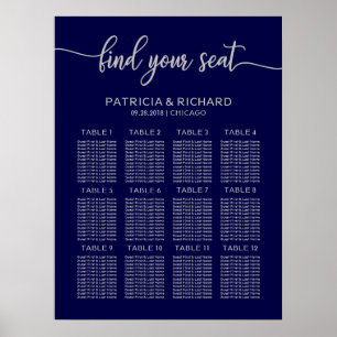 Trouw Stoelenplan Bord Chic Navyblauw Zilver Poster