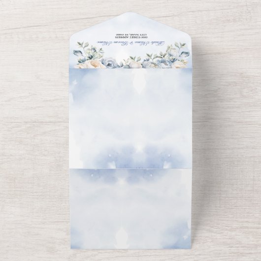 Trouw Stof Blauw Aquarel Ivoor Bloemen Bladeren All In One Uitnodiging (Buitenkant)