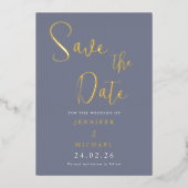 Trouw Stof Blauw Save The Date Palet Goud Folie Uitnodiging (Voorkant)