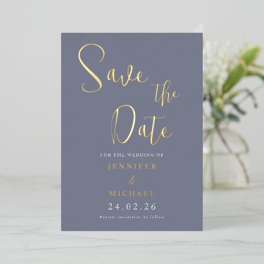 Trouw Stof Blauw Save The Date Pallet Goud Folie Uitnodiging (Staand Voorkant)