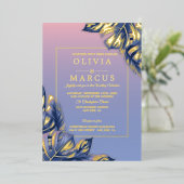 Trouw | Stof Roze Stof Blauw Tropisch Loof Folie Uitnodiging (Staand Voorkant)