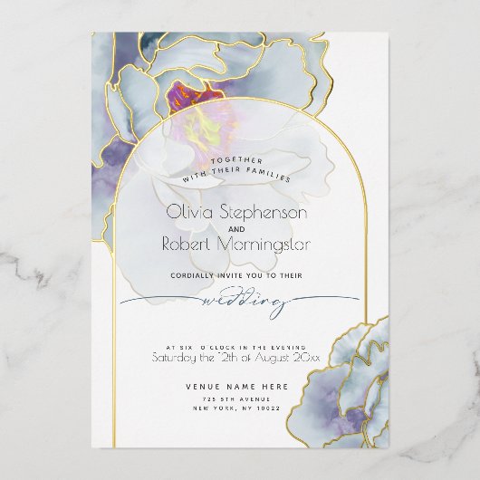 Trouw | Stunning Stofblauwe Pioen Folie Uitnodiging (Voorkant)