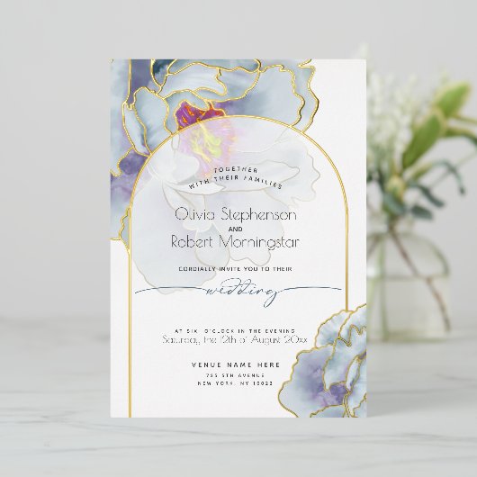 Trouw | Stunning Stofblauwe Pioen Folie Uitnodiging (Staand Voorkant)