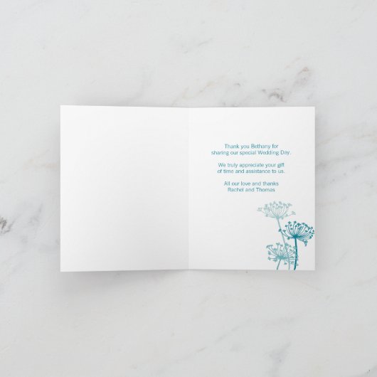 Trouw teal aqua bloemenmeisje dankjewel kaart (Binnen)