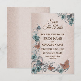 Trouw Teal Zilver Bloem Koper Vlinder Bruin Save The Date