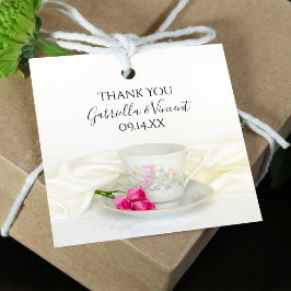 Trouw theekopje met roze rozen bedankjes labels